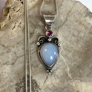 Sterling Silver 925 Lavender Chalcedony & Garnet Pendant Necklace 20" Chain